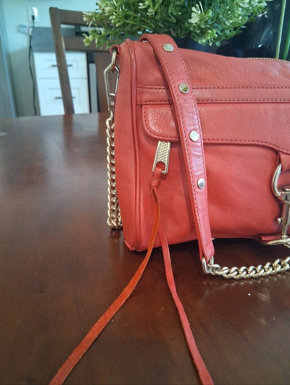 Rebecca Minkoff Coral-Red Leather Crossbody with Gold Chain